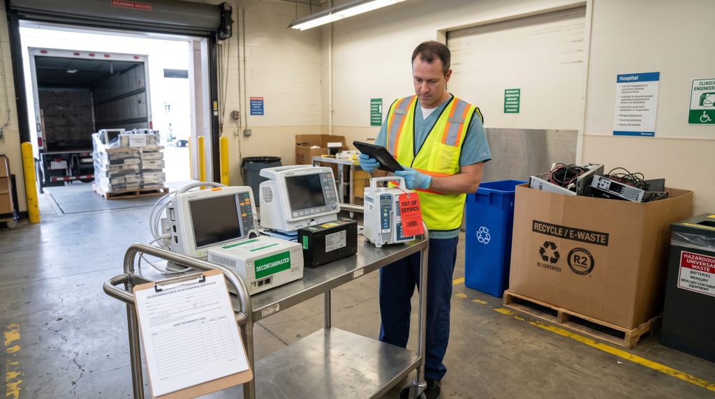 A clinical engineering technician inspecting retired medical devices and updating inventory records in a hospital loading dock, featuring decontaminated patient monitors, an infusion pump tagged out of service, and certified e-waste recycling bins.