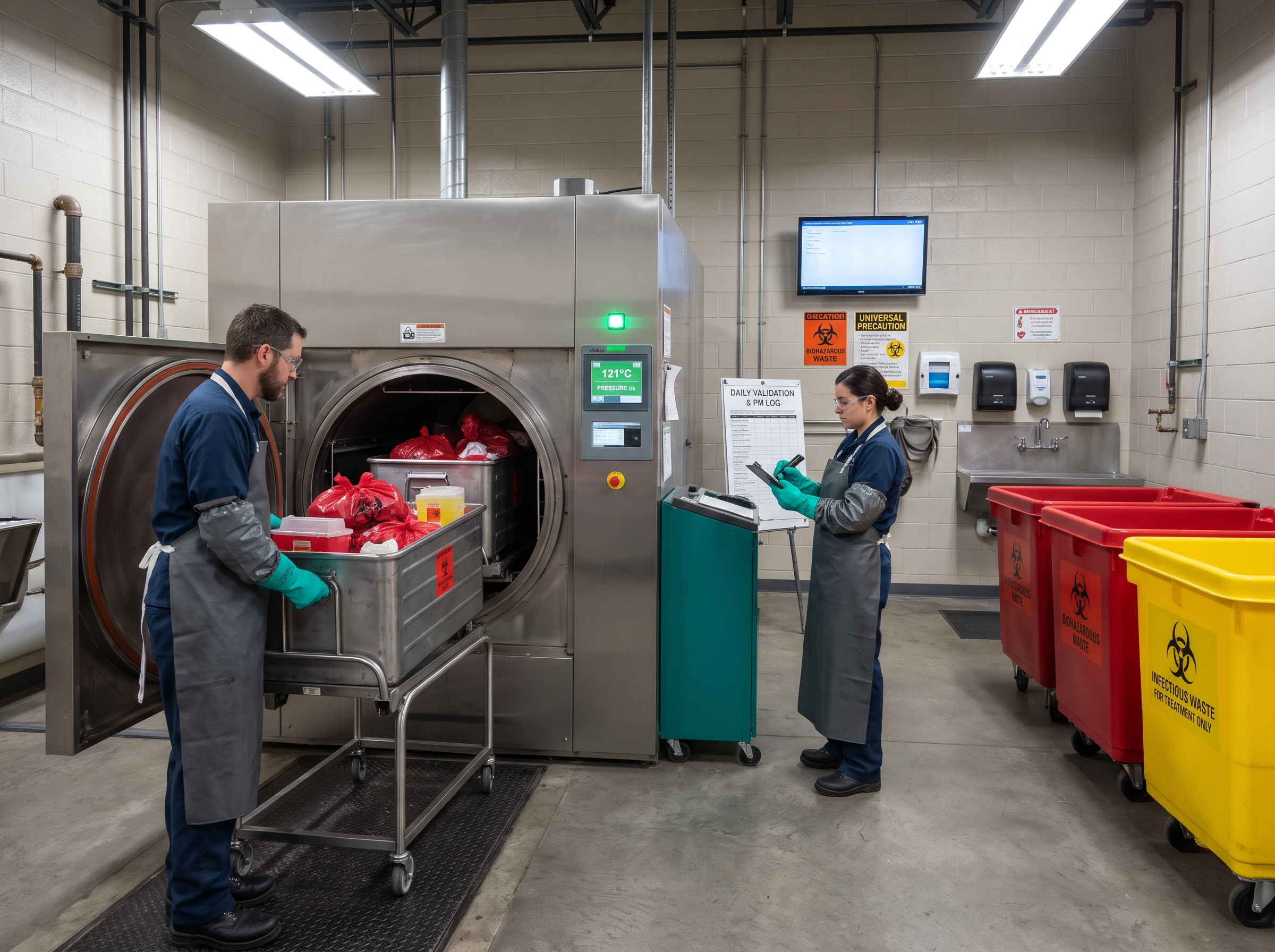 Two hospital waste management workers wearing protective gear validating and loading red biohazard bags into a large industrial autoclave, surrounded by biohazard waste carts and safety documentation in an indoor facility.
