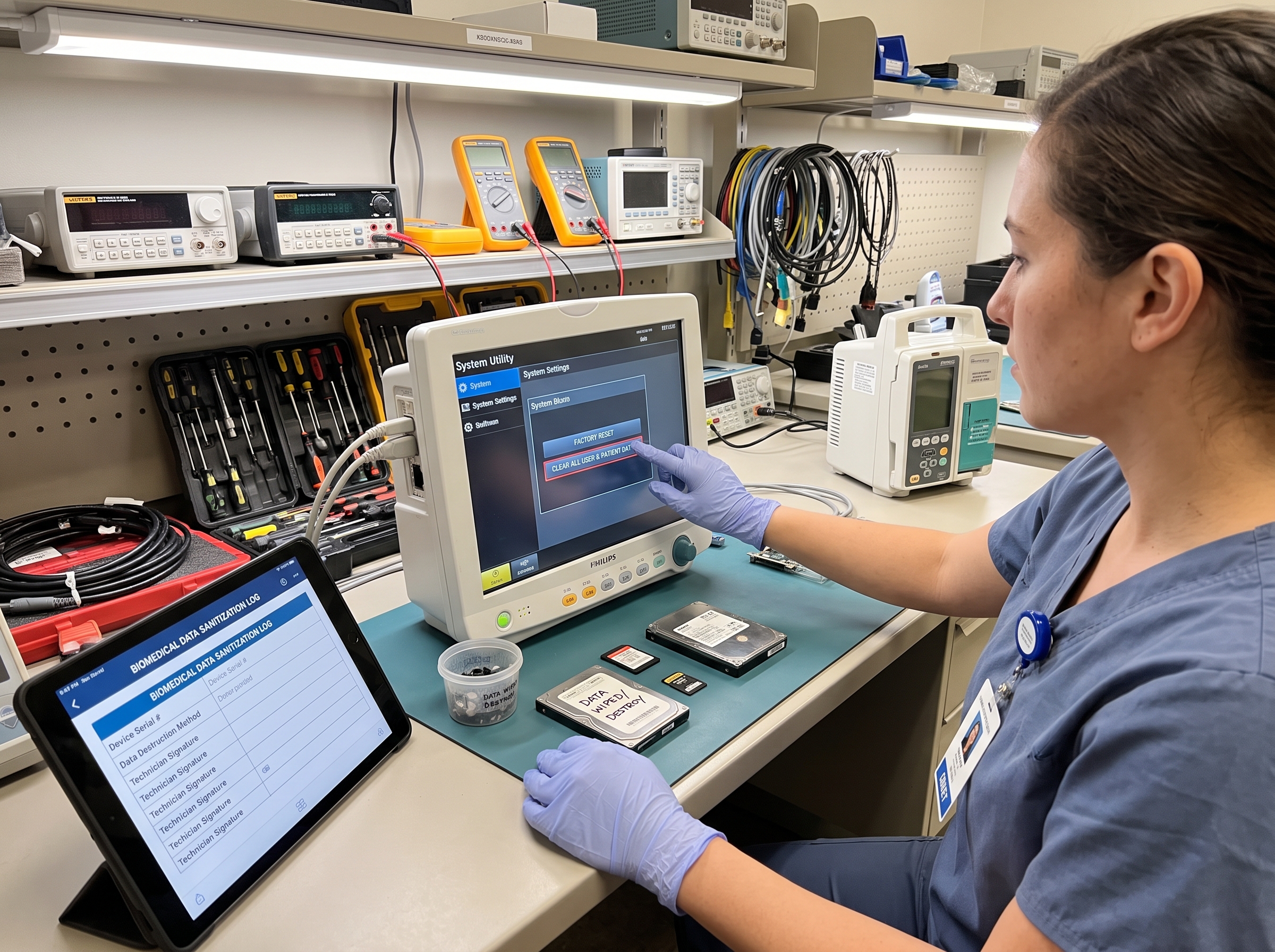 A female biomedical equipment technician in scrubs using a utility menu to factory reset and clear patient data from an out-of-service patient monitor, with detached hard drives and a digital sanitization log on her workbench.
